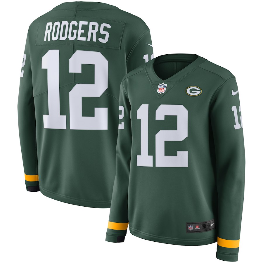 Women Green Bay Packers 12 Rodgers green Limited NFL Nike Therma Long Sleeve Jersey
